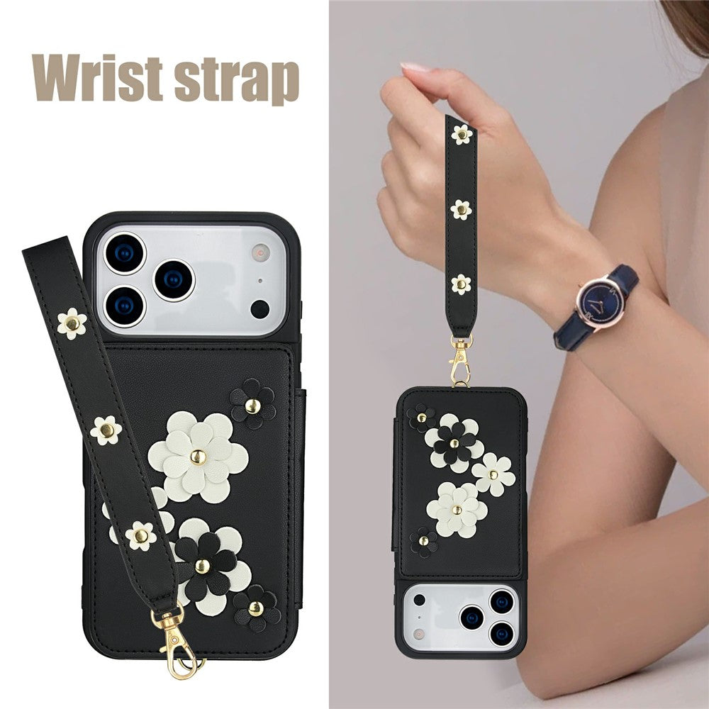 For iPhone 17 Pro Max Case Card Slots Leather Coated TPU Flower Phone Cover with 2 Straps - Black