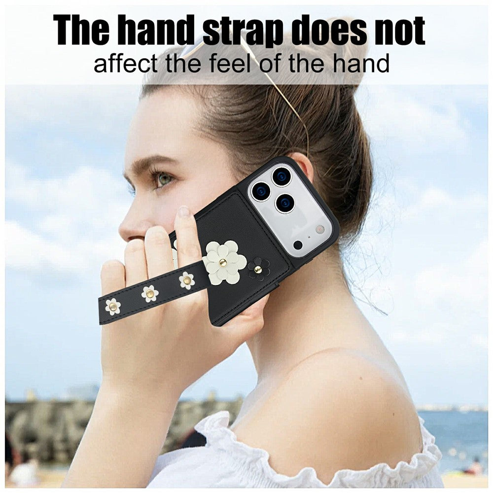 For iPhone 17 Pro Max Case Card Slots Leather Coated TPU Flower Phone Cover with 2 Straps - Black