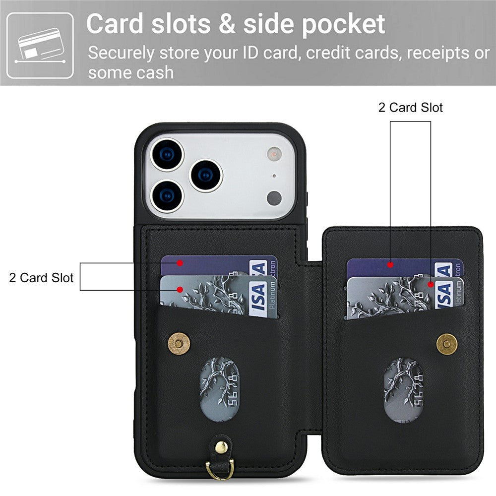 For iPhone 17 Pro Max Case Card Slots Leather Coated TPU Flower Phone Cover with 2 Straps - Black