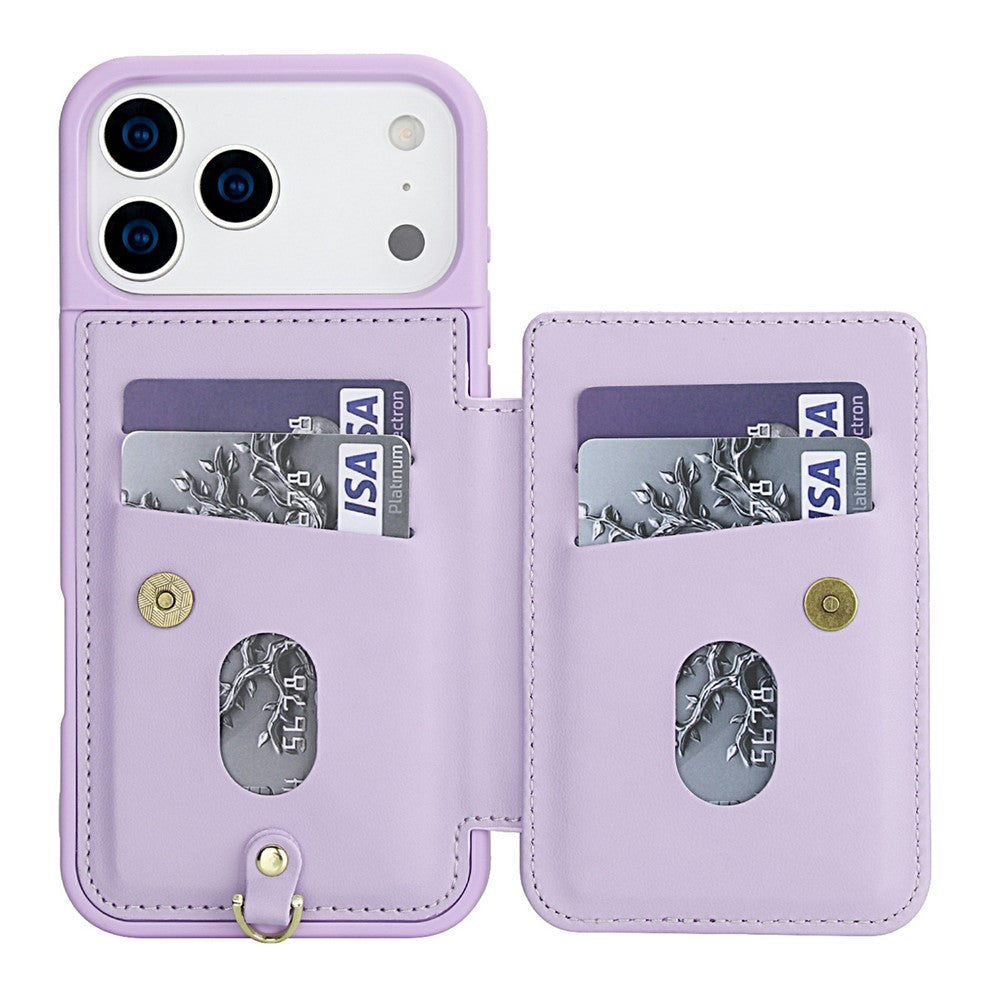 For iPhone 17 Pro Max Case Card Slots Leather Coated TPU Flower Phone Cover with 2 Straps - Purple