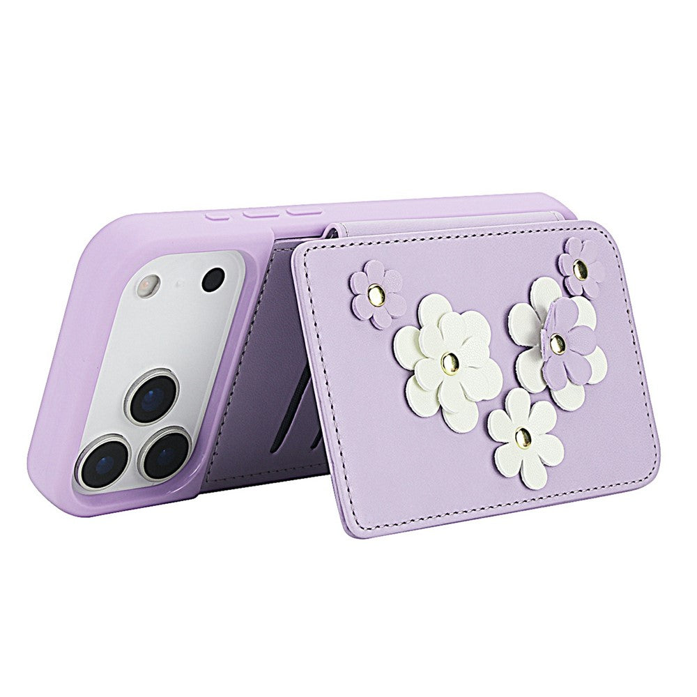 For iPhone 17 Pro Max Case Card Slots Leather Coated TPU Flower Phone Cover with 2 Straps - Purple
