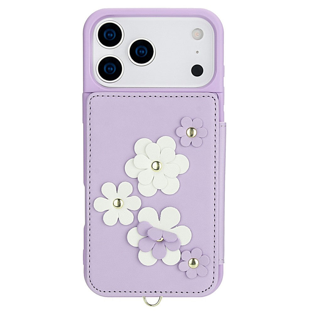 For iPhone 17 Pro Max Case Card Slots Leather Coated TPU Flower Phone Cover with 2 Straps - Purple
