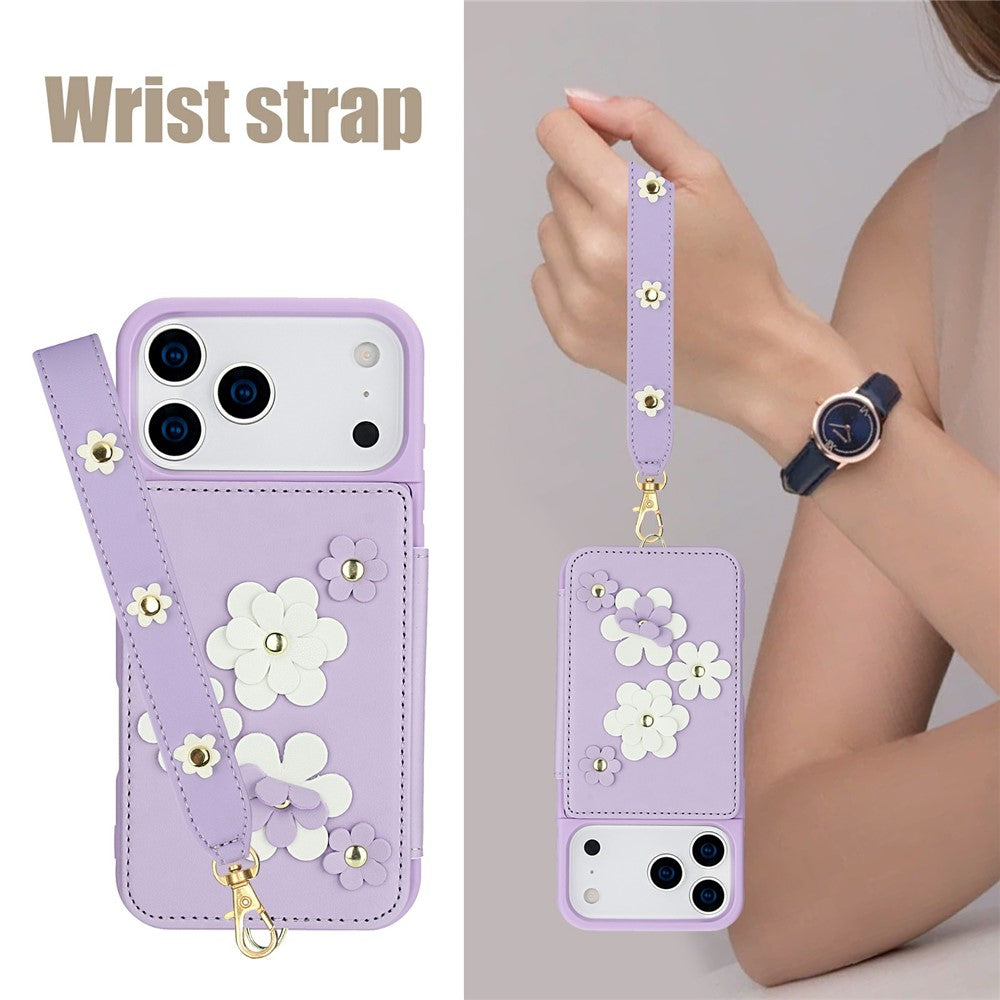 For iPhone 17 Pro Max Case Card Slots Leather Coated TPU Flower Phone Cover with 2 Straps - Purple
