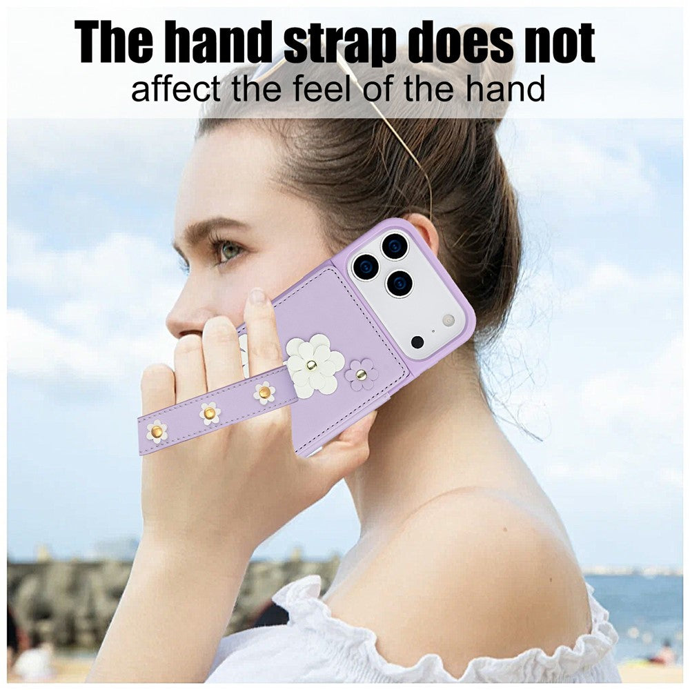 For iPhone 17 Pro Max Case Card Slots Leather Coated TPU Flower Phone Cover with 2 Straps - Purple