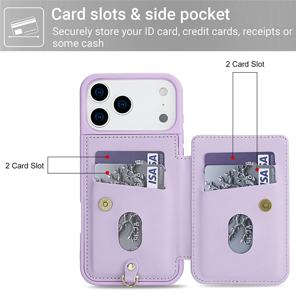 For iPhone 17 Pro Max Case Card Slots Leather Coated TPU Flower Phone Cover with 2 Straps - Purple