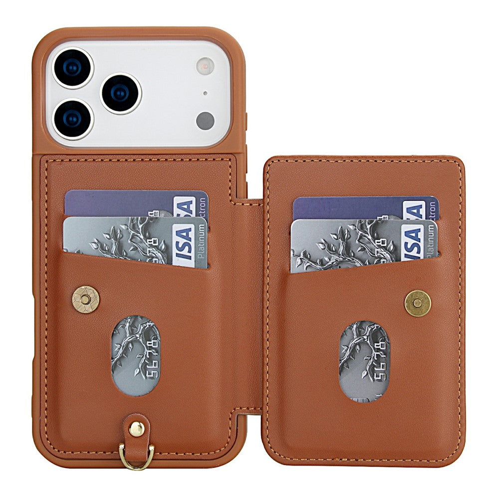 For iPhone 17 Pro Max Case Card Slots Leather Coated TPU Flower Phone Cover with 2 Straps - Brown