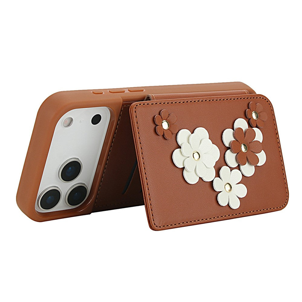 For iPhone 17 Pro Max Case Card Slots Leather Coated TPU Flower Phone Cover with 2 Straps - Brown