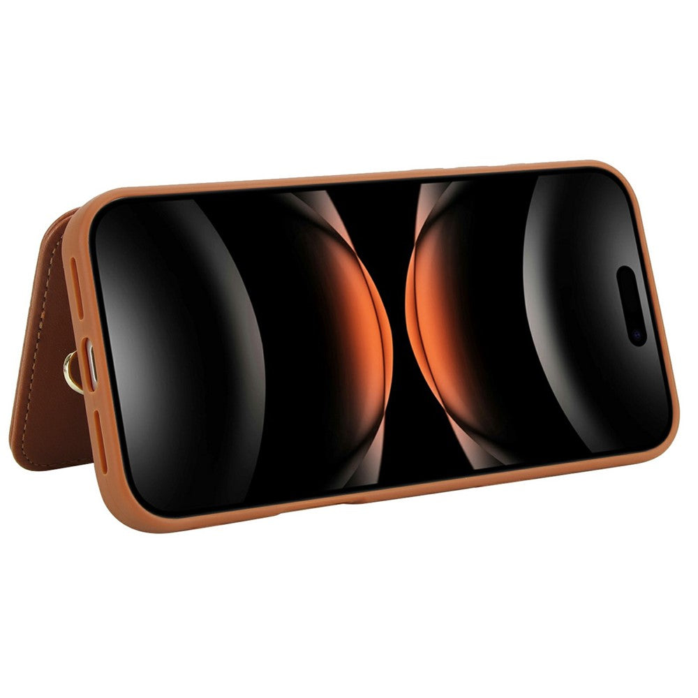 For iPhone 17 Pro Max Case Card Slots Leather Coated TPU Flower Phone Cover with 2 Straps - Brown