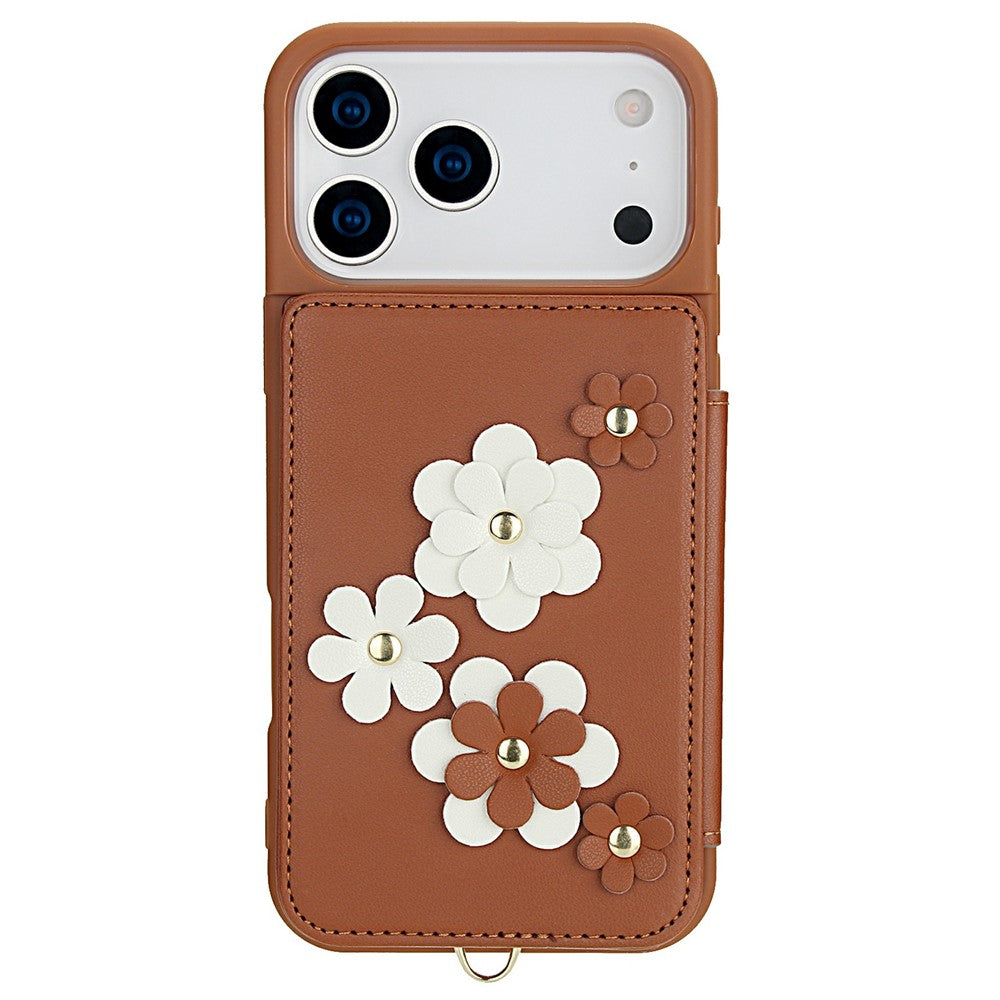 For iPhone 17 Pro Max Case Card Slots Leather Coated TPU Flower Phone Cover with 2 Straps - Brown