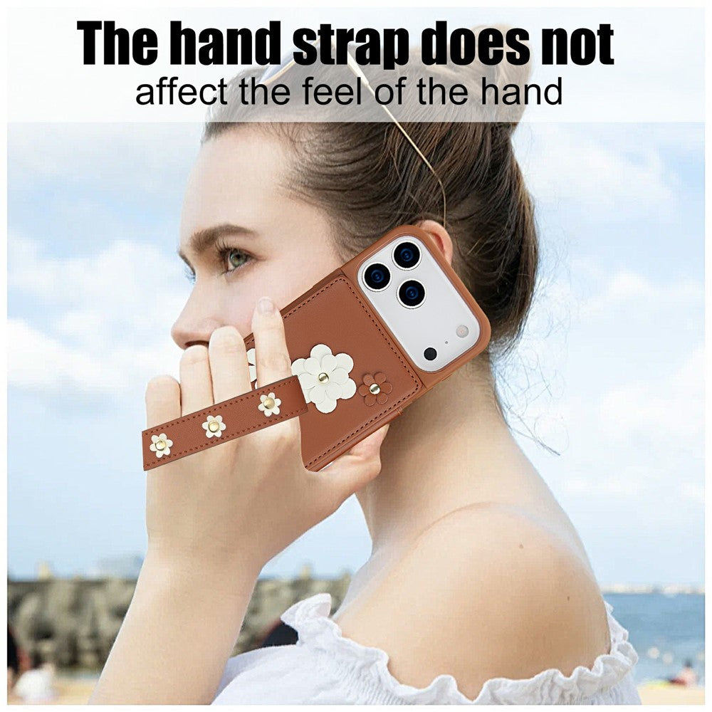 For iPhone 17 Pro Max Case Card Slots Leather Coated TPU Flower Phone Cover with 2 Straps - Brown