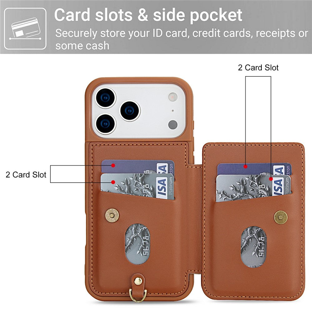 For iPhone 17 Pro Max Case Card Slots Leather Coated TPU Flower Phone Cover with 2 Straps - Brown