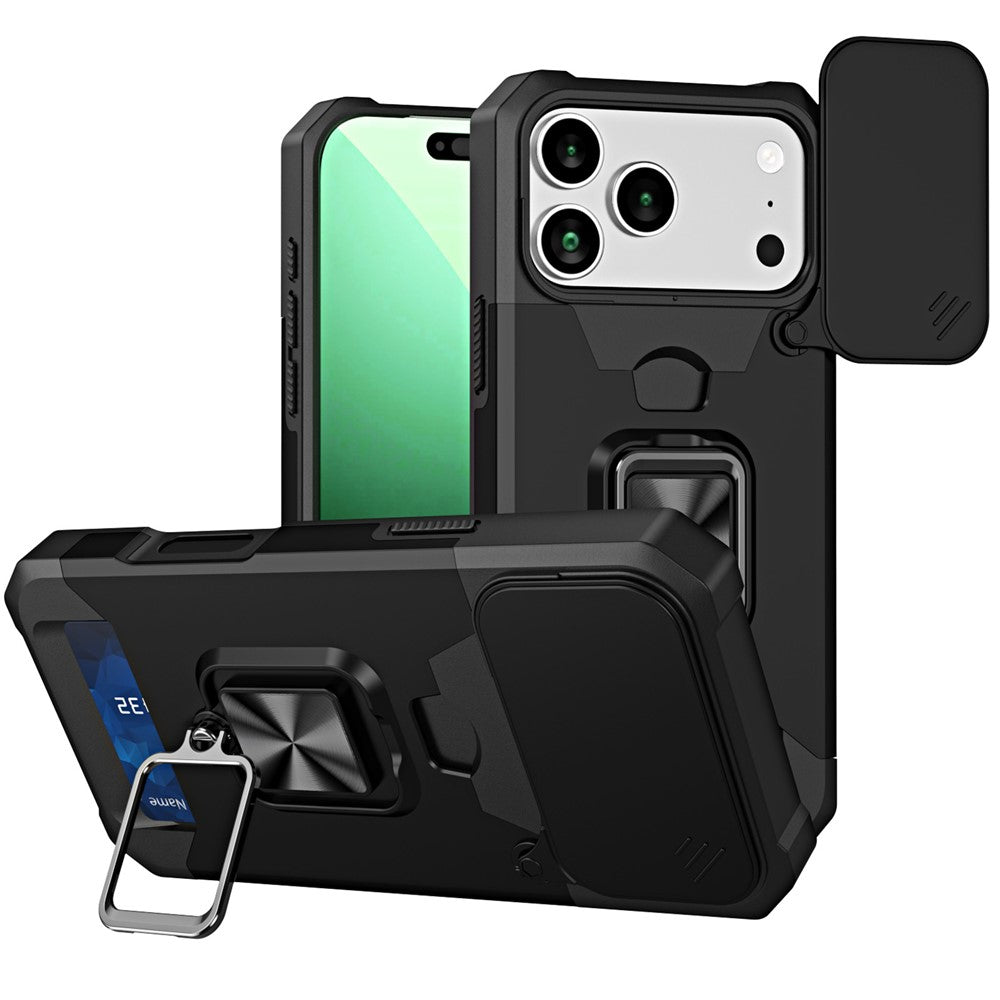 For iPhone 17 Pro Max Case Kickstand Slide Lens Lid PC + TPU Phone Cover with Card Slot - Black