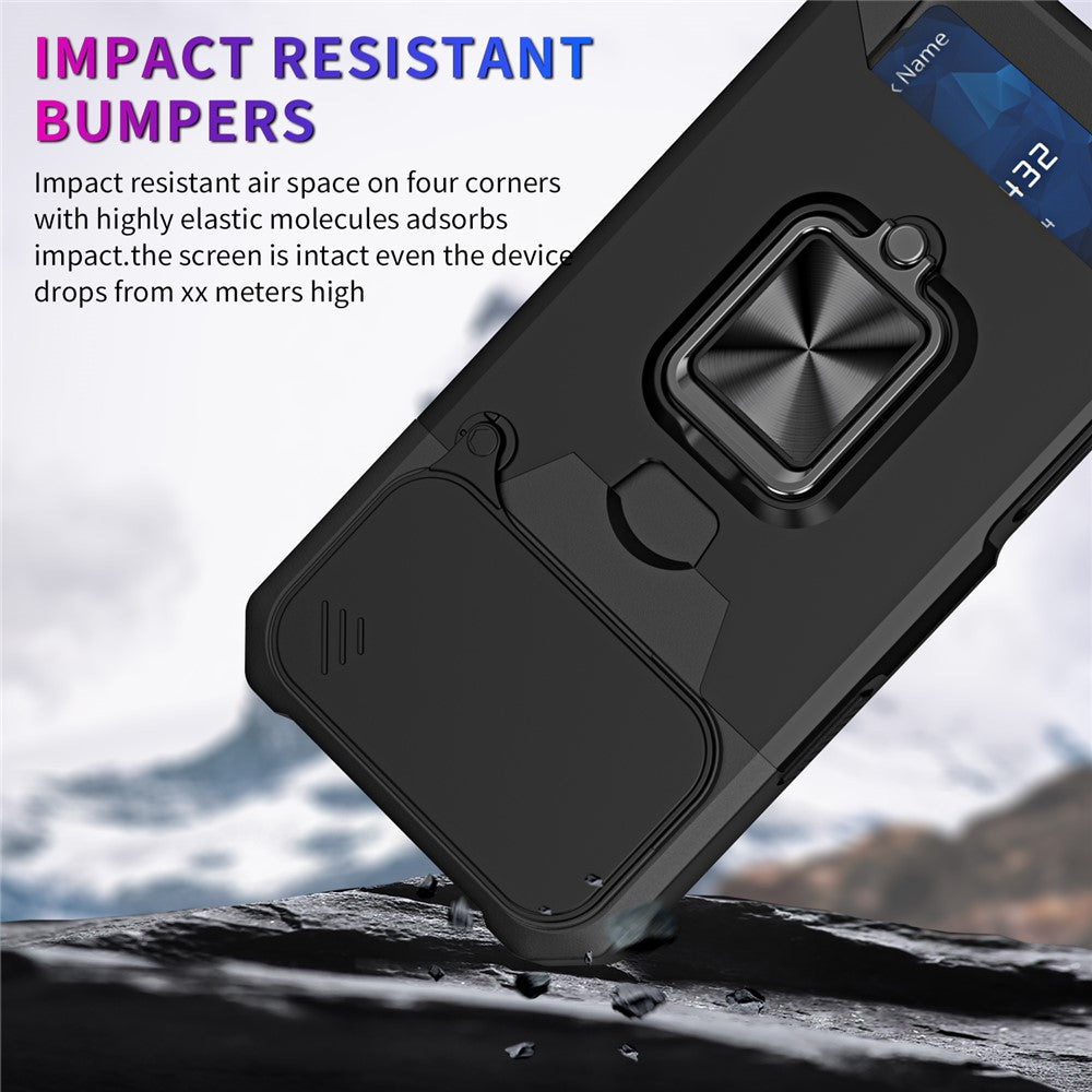 For iPhone 17 Pro Max Case Kickstand Slide Lens Lid PC + TPU Phone Cover with Card Slot - Black