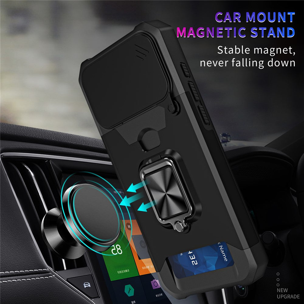 For iPhone 17 Pro Max Case Kickstand Slide Lens Lid PC + TPU Phone Cover with Card Slot - Black