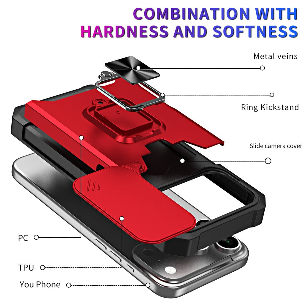 For iPhone 17 Pro Max Case Kickstand Slide Lens Lid PC + TPU Phone Cover with Card Slot - Red