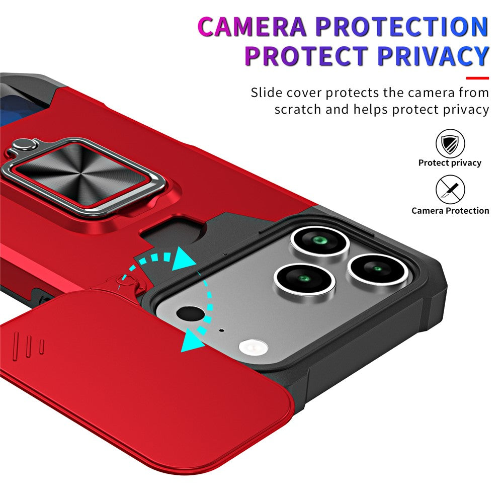 For iPhone 17 Pro Max Case Kickstand Slide Lens Lid PC + TPU Phone Cover with Card Slot - Red