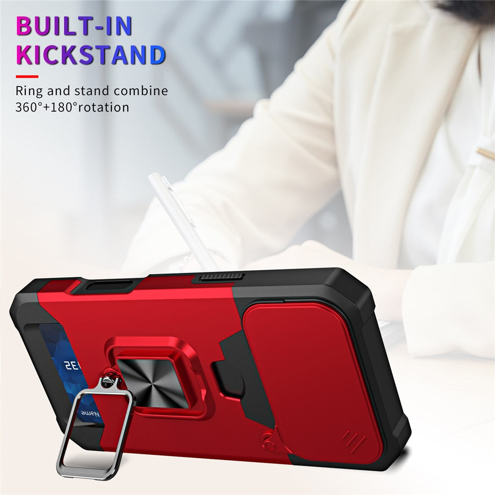 For iPhone 17 Pro Max Case Kickstand Slide Lens Lid PC + TPU Phone Cover with Card Slot - Red
