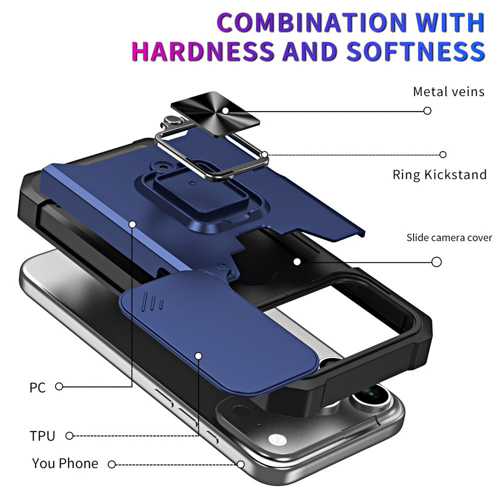 For iPhone 17 Pro Max Case Kickstand Slide Lens Lid PC + TPU Phone Cover with Card Slot - Navy Blue