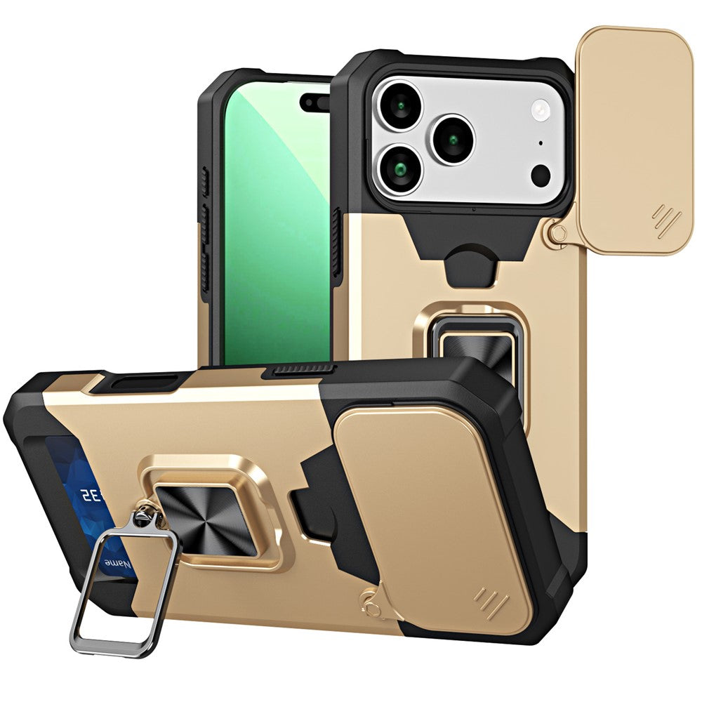 For iPhone 17 Pro Max Case Kickstand Slide Lens Lid PC + TPU Phone Cover with Card Slot - Gold