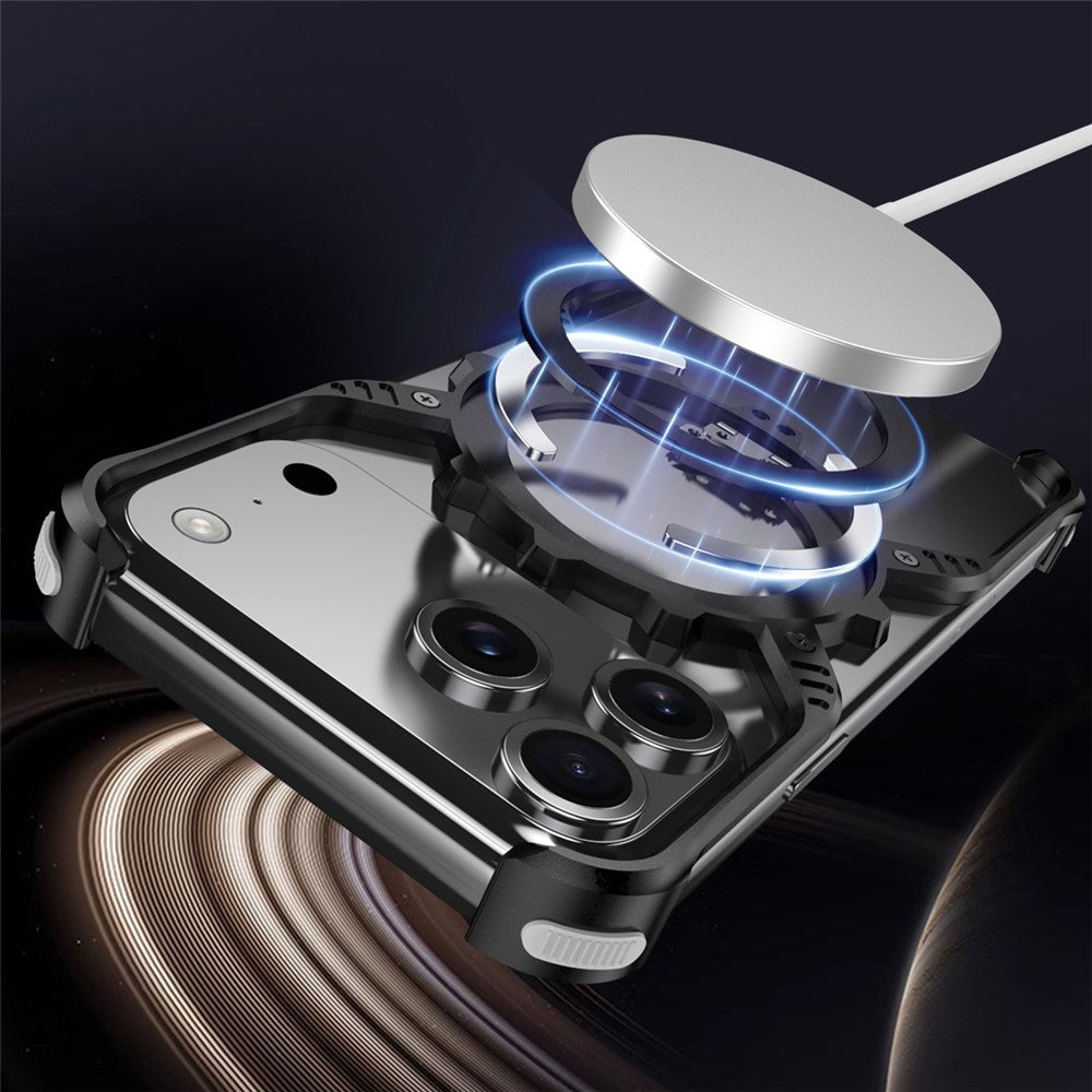 For iPhone 17 Pro Max Magnetic Case Luminous Kickstand Aluminum Alloy X-Shape Bumper Phone Cover - Black