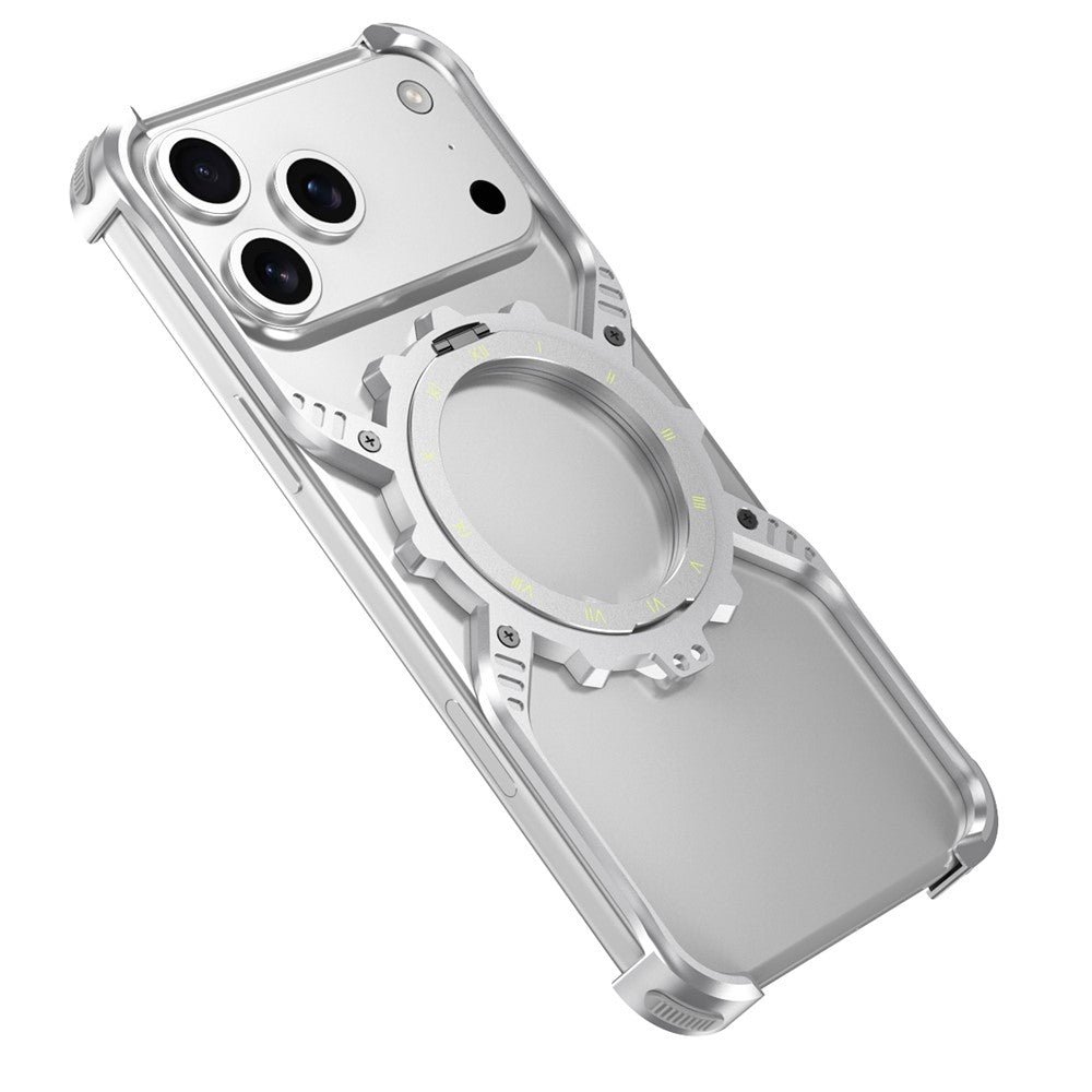 For iPhone 17 Pro Max Magnetic Case Luminous Kickstand Aluminum Alloy X-Shape Bumper Phone Cover - Silver