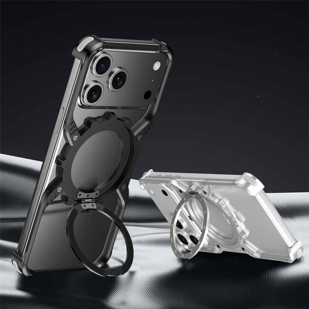 For iPhone 17 Pro Max Magnetic Case Luminous Kickstand Aluminum Alloy X-Shape Bumper Phone Cover - Silver