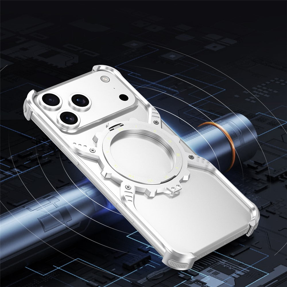 For iPhone 17 Pro Max Magnetic Case Luminous Kickstand Aluminum Alloy X-Shape Bumper Phone Cover - Silver