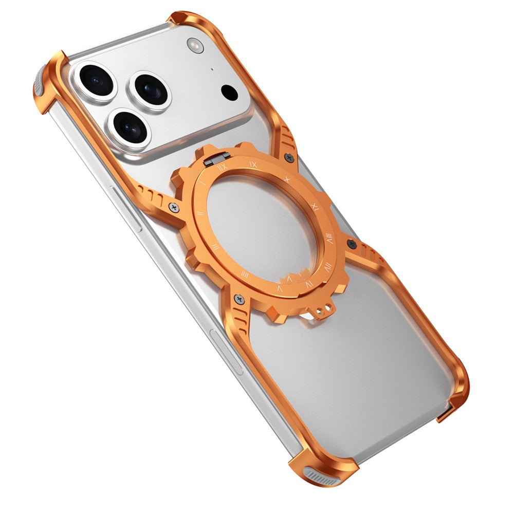 For iPhone 17 Pro Max Magnetic Case Luminous Kickstand Aluminum Alloy X-Shape Bumper Phone Cover - Orange