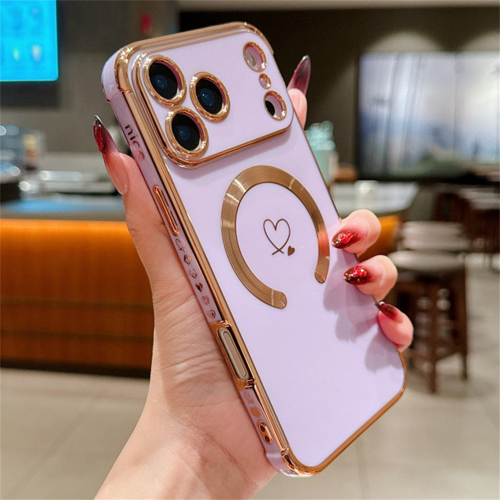 For iPhone 17 Pro Max Case Compatible with MagSafe Electroplated TPU Phone Cover Hollow Love Hearts - Purple