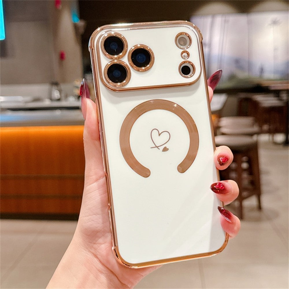 For iPhone 17 Pro Max Case Compatible with MagSafe Electroplated TPU Phone Cover Hollow Love Hearts - Ivory White