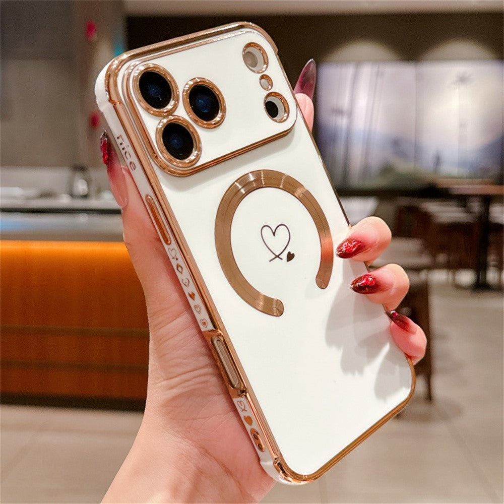 For iPhone 17 Pro Max Case Compatible with MagSafe Electroplated TPU Phone Cover Hollow Love Hearts - Ivory White