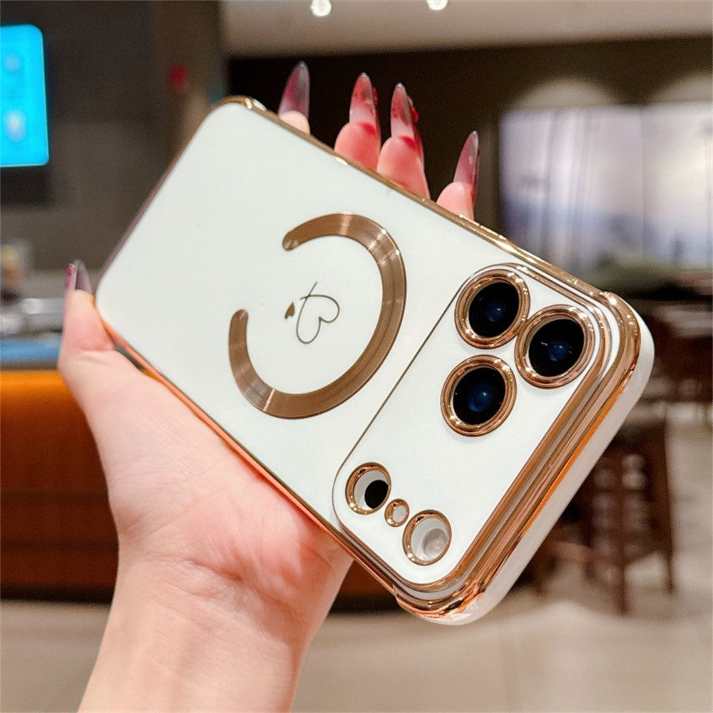 For iPhone 17 Pro Max Case Compatible with MagSafe Electroplated TPU Phone Cover Hollow Love Hearts - Ivory White
