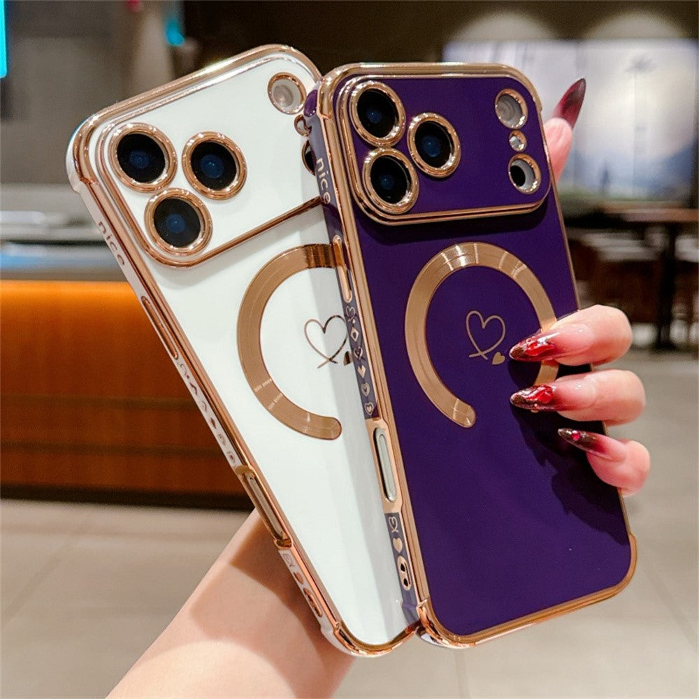 For iPhone 17 Pro Max Case Compatible with MagSafe Electroplated TPU Phone Cover Hollow Love Hearts - Ivory White