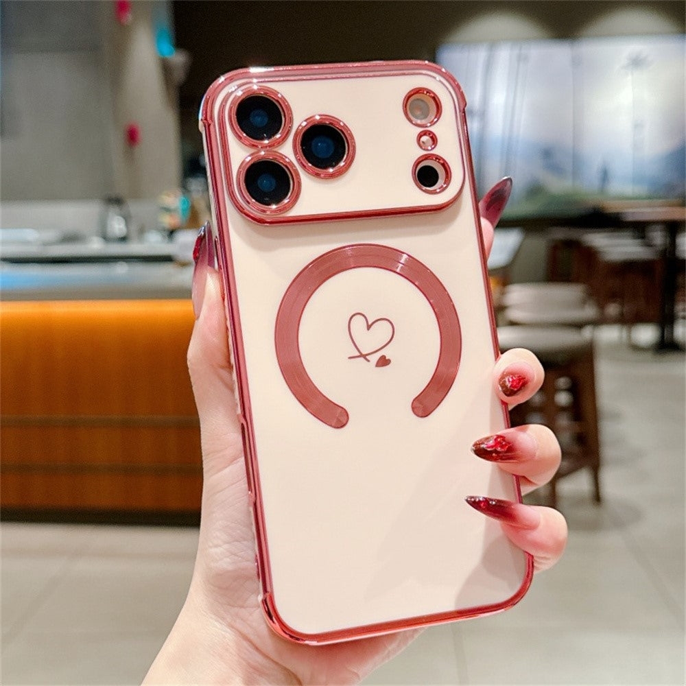 For iPhone 17 Pro Max Case Compatible with MagSafe Electroplated TPU Phone Cover Hollow Love Hearts - Rose Pink