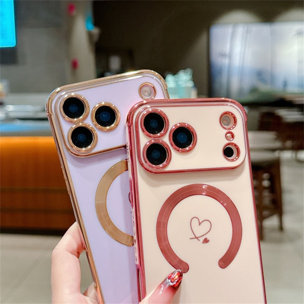 For iPhone 17 Pro Max Case Compatible with MagSafe Electroplated TPU Phone Cover Hollow Love Hearts - Rose Pink