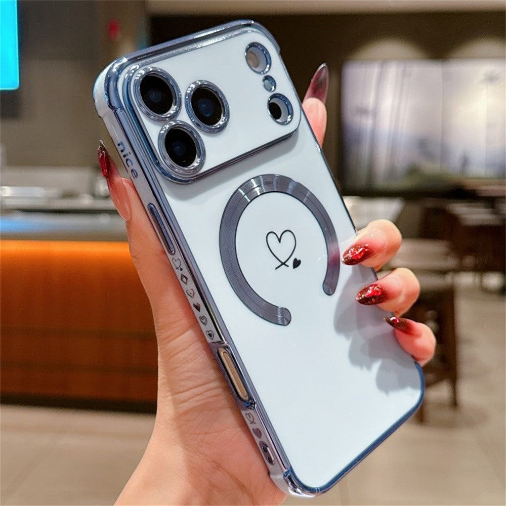 For iPhone 17 Pro Max Case Compatible with MagSafe Electroplated TPU Phone Cover Hollow Love Hearts - Blue