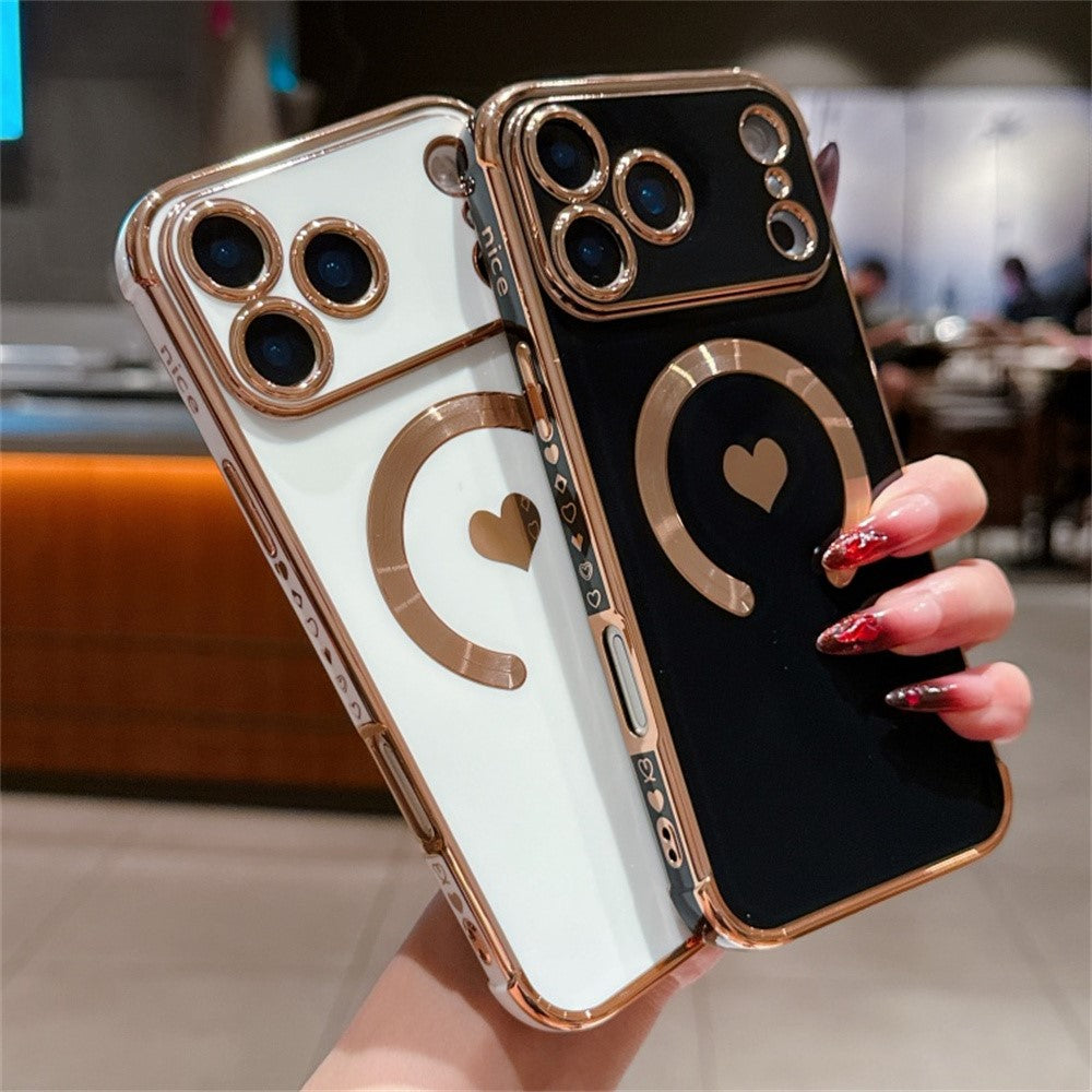 For iPhone 17 Pro Max Magnetic Case Electroplating Soft TPU Cover with Cute Love Heart - Black