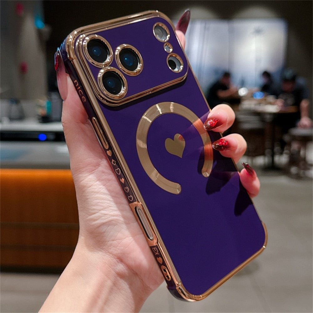 For iPhone 17 Pro Max Magnetic Case Electroplating Soft TPU Cover with Cute Love Heart - Dark Purple