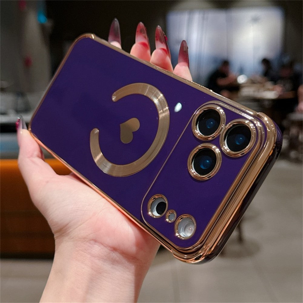 For iPhone 17 Pro Max Magnetic Case Electroplating Soft TPU Cover with Cute Love Heart - Dark Purple