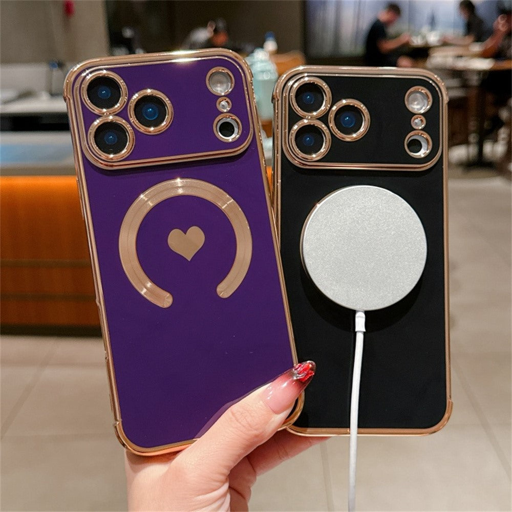 For iPhone 17 Pro Max Magnetic Case Electroplating Soft TPU Cover with Cute Love Heart - Dark Purple