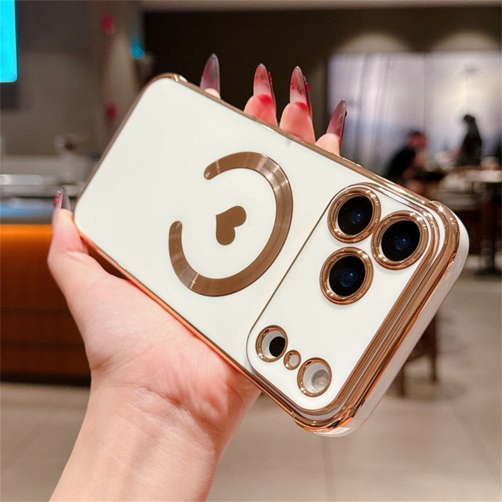 For iPhone 17 Pro Max Magnetic Case Electroplating Soft TPU Cover with Cute Love Heart - Ivory White