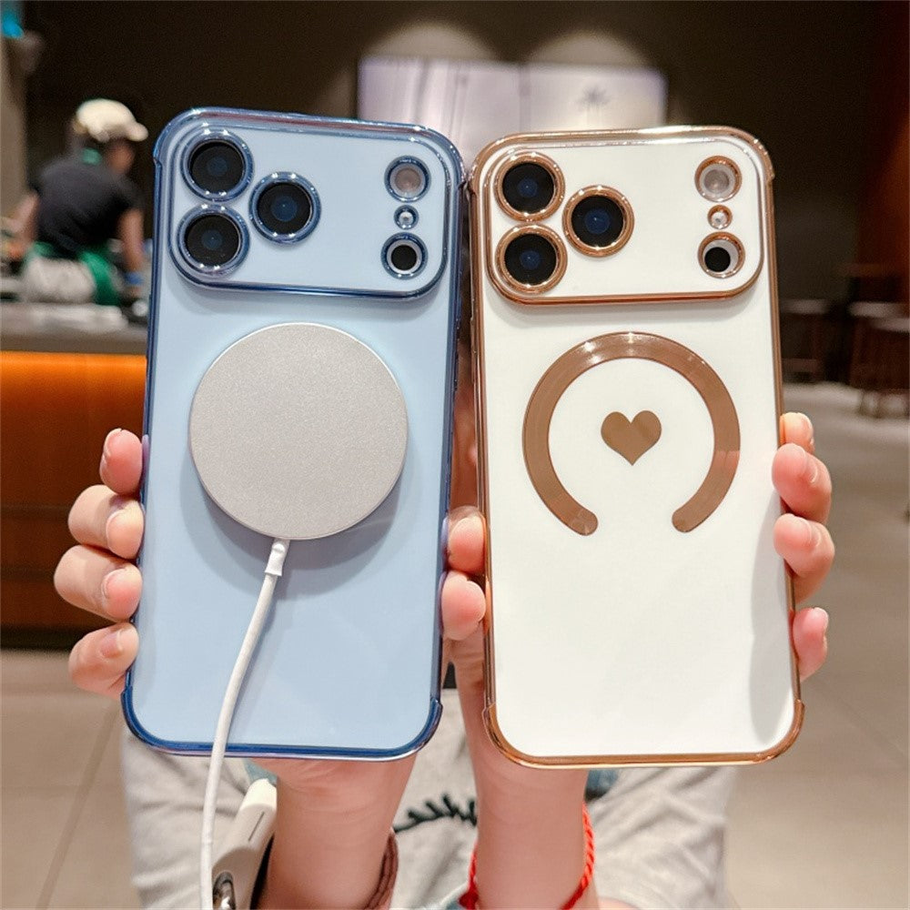 For iPhone 17 Pro Max Magnetic Case Electroplating Soft TPU Cover with Cute Love Heart - Ivory White