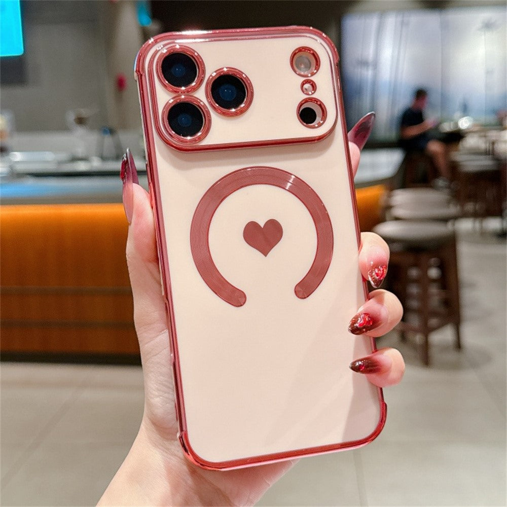 For iPhone 17 Pro Max Magnetic Case Electroplating Soft TPU Cover with Cute Love Heart - Rose Pink