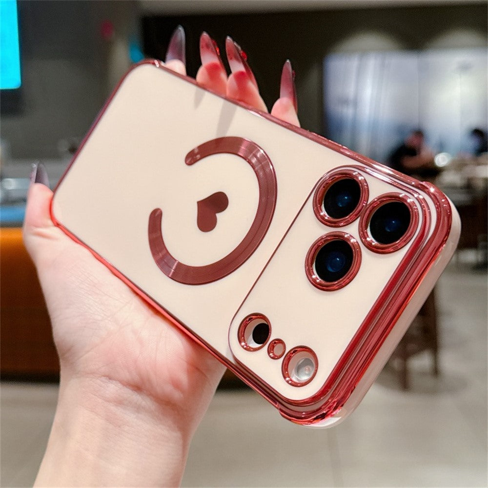 For iPhone 17 Pro Max Magnetic Case Electroplating Soft TPU Cover with Cute Love Heart - Rose Pink