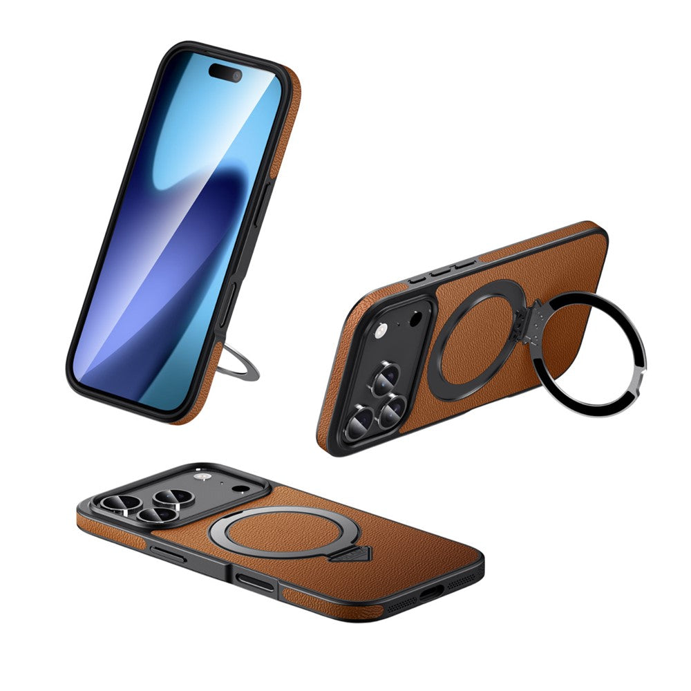 For iPhone 17 Pro Max Case Compatible with MagSafe Genuine Cow Leather+PC Kickstand Phone Cover - Brown