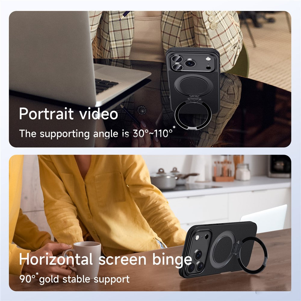 For iPhone 17 Pro Max Case Compatible with MagSafe Genuine Cow Leather+PC Kickstand Phone Cover - Brown