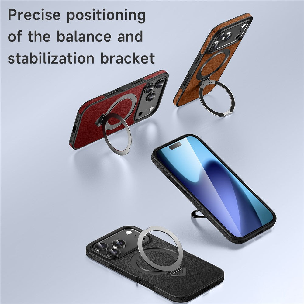 For iPhone 17 Pro Max Case Compatible with MagSafe Genuine Cow Leather+PC Kickstand Phone Cover - Brown