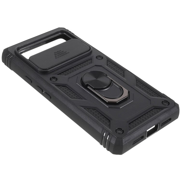 For Google Pixel 6 PC+TPU Kickstand Anti-drop Back Cover Sliding Camera Lens Protector Phone Case with Inner Card Holder Function - Black