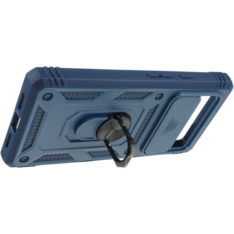 For Google Pixel 6 PC+TPU Kickstand Anti-drop Back Cover Sliding Camera Lens Protector Phone Case with Inner Card Holder Function - Blue