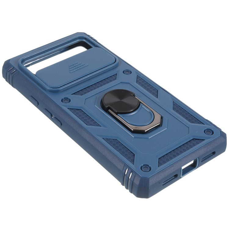 For Google Pixel 6 PC+TPU Kickstand Anti-drop Back Cover Sliding Camera Lens Protector Phone Case with Inner Card Holder Function - Blue